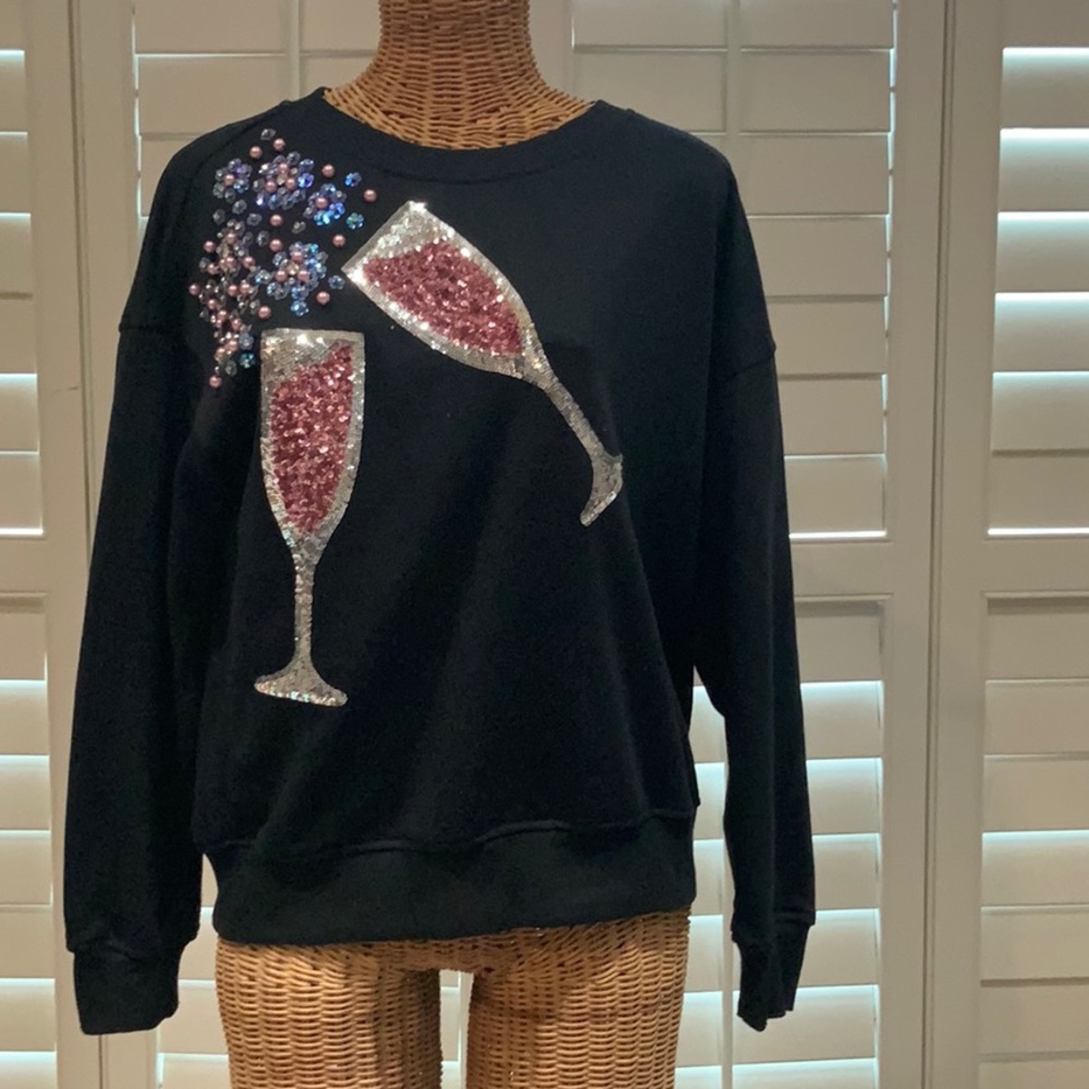 Black Sequin Champagne Glasses Women's Top
